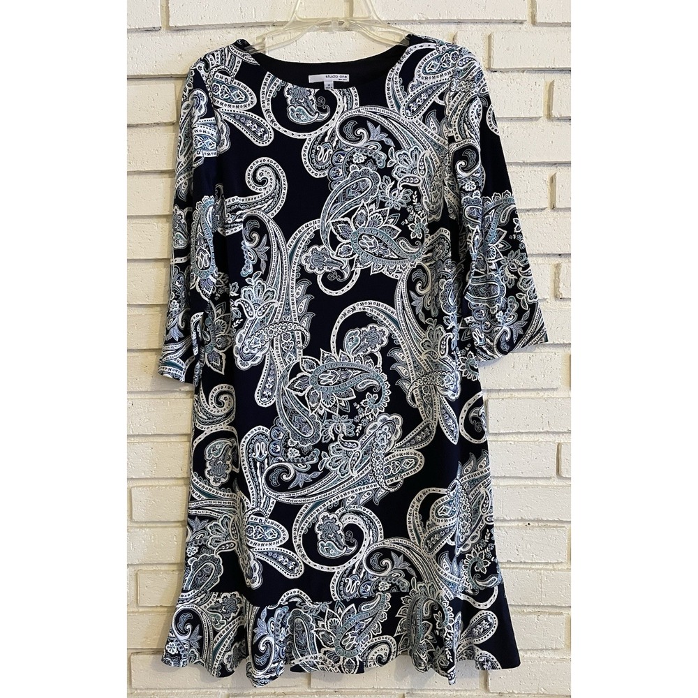 Studio One Women's Paisley Print 3/4 Sleeve Sheath Dress Ruffle Hem Size Medium